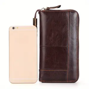 Men's Genuine Leather Clutch Wallet with Wrist Strap - Brown Textured Zippered Purse Organizer for Everyday Use, Secure Travel Purse |   Elegant Zippered Wallet |   Adjustable Wrist Strap