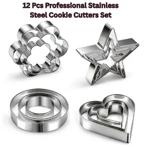 Stainless Steel Metal Cookie Cutters Set, 12-Pack Bakeware Utensils with Heart, Flower, Round, Star Shapes - Mini Biscuit Cutters for Baking Cookies, Fondant Dough, Holiday Party Decoration