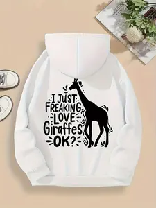 Women's I Just Freaking Love Giraffe, OK Giraffe Printed Hoodie, Fun Animal Enthusiast Gift, Suitable for Giraffe Enthusiasts, White with Black and White Giraffe Design, Perfect for Zoo Travel and Daily Use Womenswear Drawstring