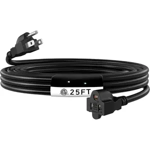 Indoor Outdoor Extension Cord, 16/3 Gauge Black Long Extension Cord 25ft,  Flexible Case, Made of Pure Copper, 13A 1625W 16AWG SJTW, 3 Prong Heavy Duty Wire, E