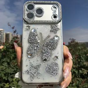 Handmade Phone Case with Sparkling Butterfly Stars, Soft Protective Cover for iPhone 17 16 15 14 13 12 11 Pro Max, Shiny Rhinestone Decoration