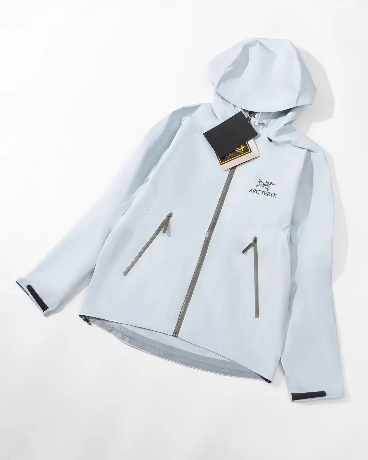 Men Ice Light Blue Hooded Hard Shell Outdoor Windbreaker Jacket Waterproof Windproof Fabric Full Zip Multi‑Zip Pockets For Hiking Camping Travel Daily Outdoor Activities