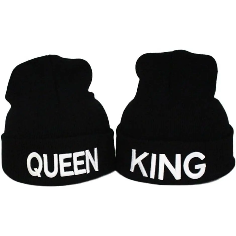 2-Pack Couples Beanie Hats, King & Queen Embroidered Warm Winter Skullies, Matching Lovers Gift Set for Adults, King And Queen, All Seasons