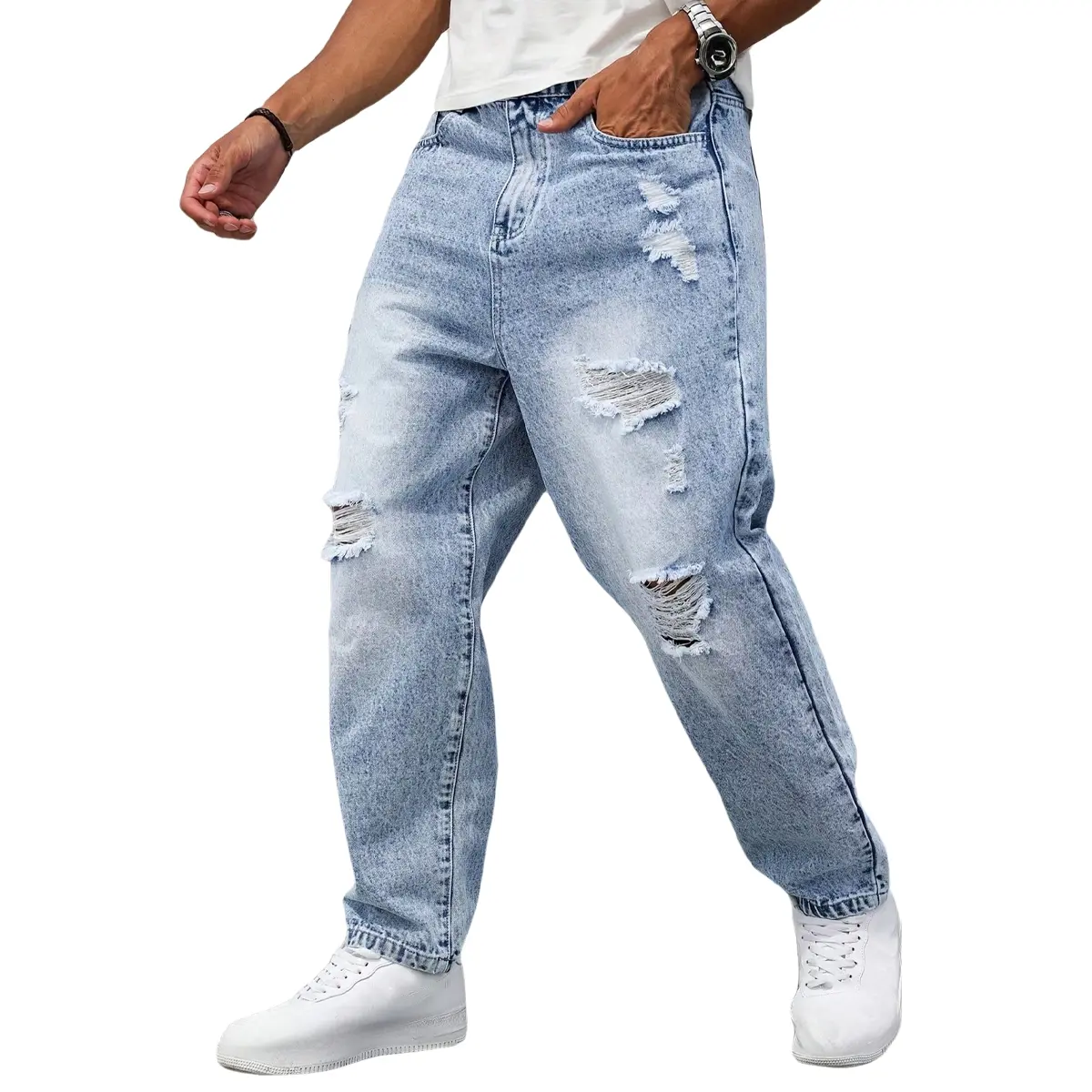 Men's Distressed Ripped Jeans, Loose Fitting Streetwear Style Leisure Denim Trousers with Pockets, Menswear, Plain, Loose Fitting Jeans, Baggy, Fashion Jean Bottoms