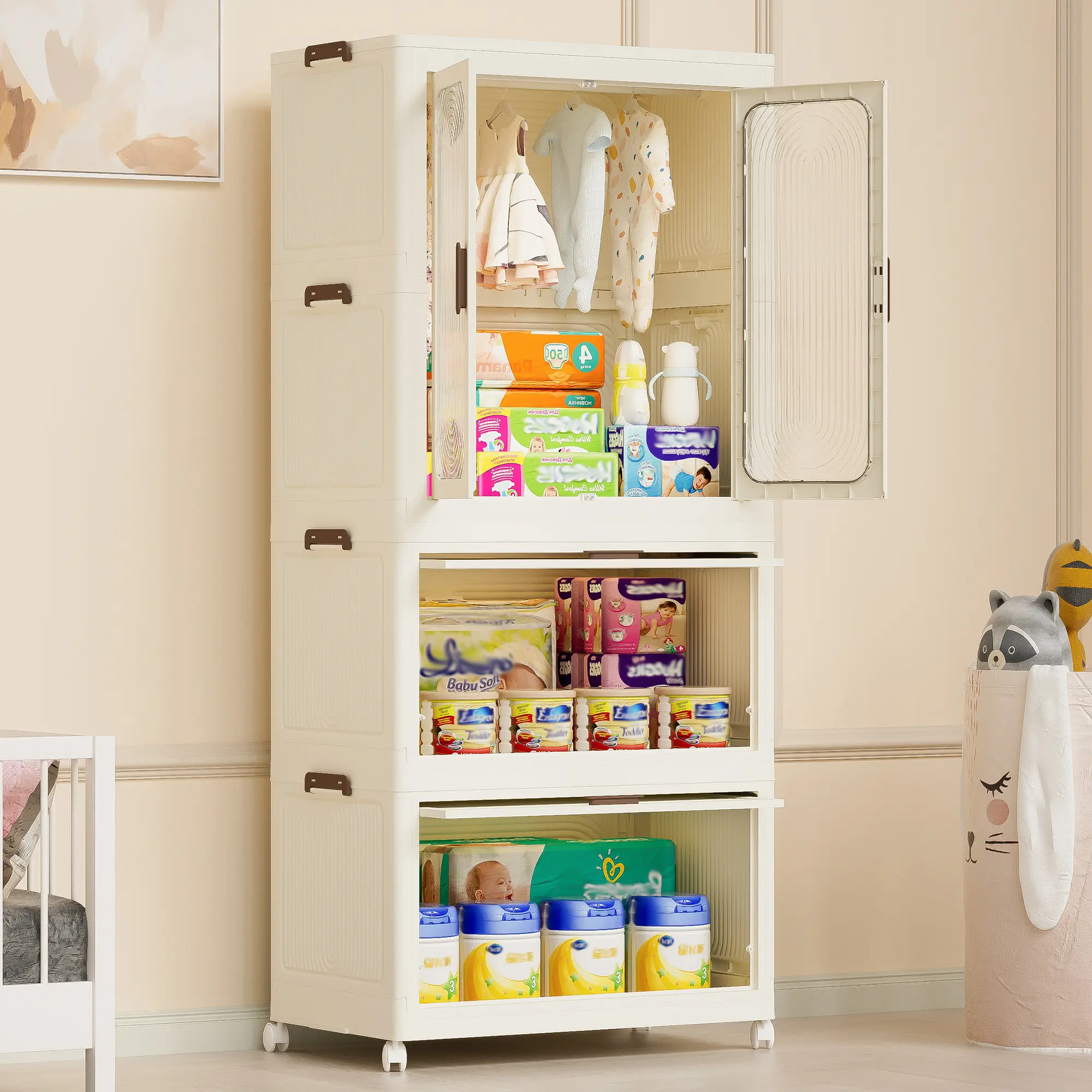 Portable Kids Plastic Nursery Furniture Wardrobe - 4-Cube Storage Organizer with Magnetic Doors, Adjustable Hanging Rod, 10 Hangers for Clothes Organization & Interior Use
