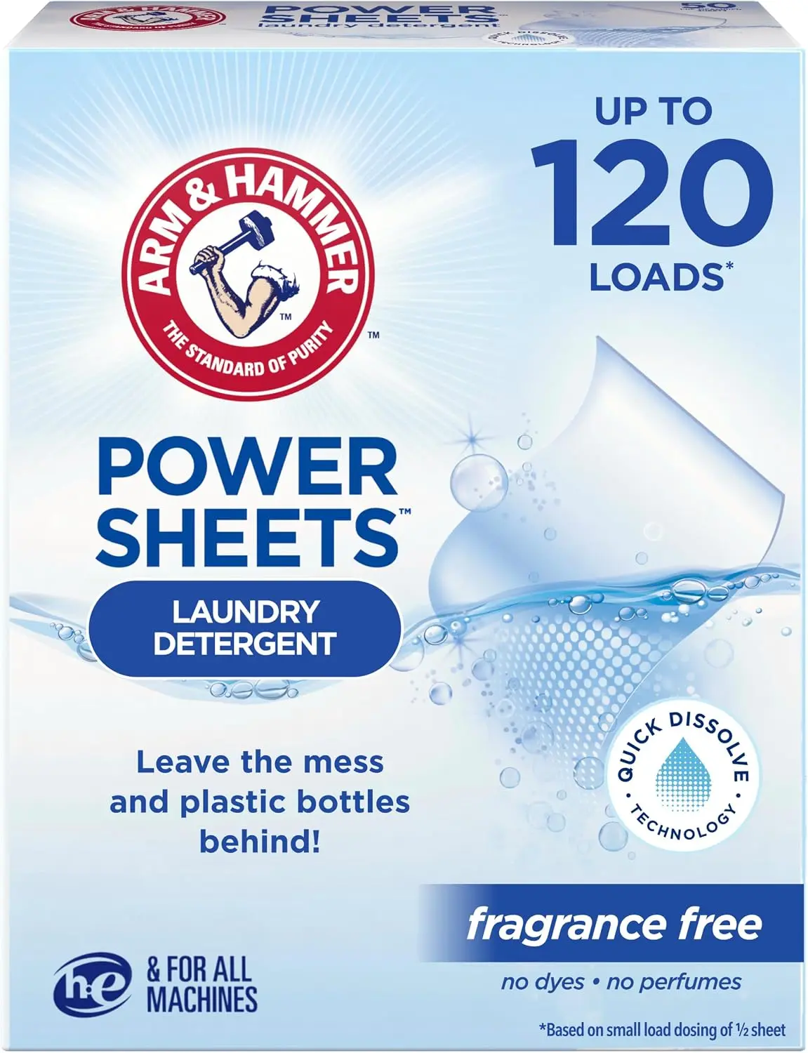 Power Sheets Laundry Detergent, Fragrance Free, No Dyes or Perfumes, Lightweight and Travel-Friendly, 60 Count, Up to 120 Small Loads