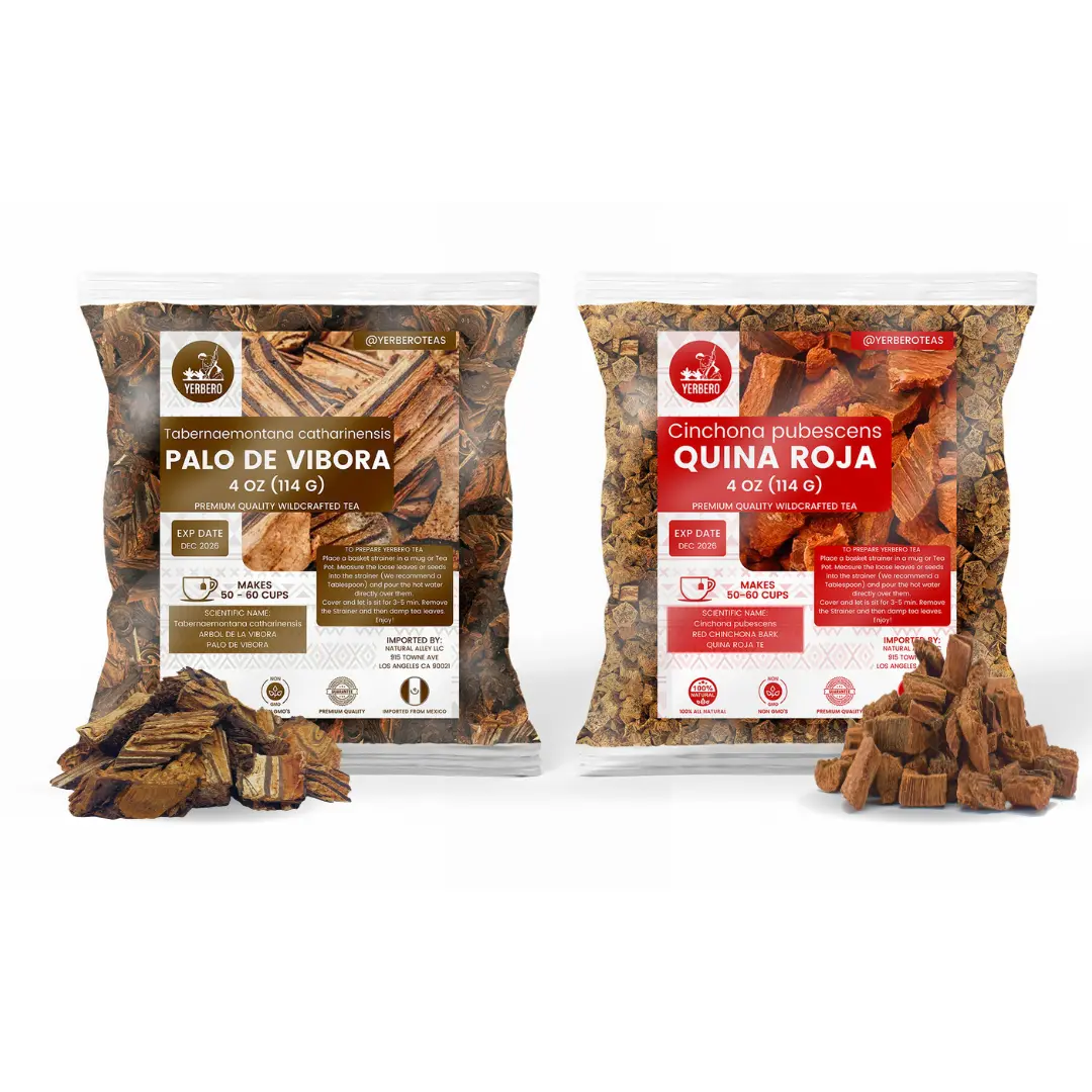 Yerbero 2 Pack Palo de Víbora 4 oz + Quina Roja 4 oz, Árbol de la Víbora & Red Cinchona Bark Herbal Tea Duo, Wildcrafted Natural Loose Herbs From Mexico, Non-GMO, Gluten-Free, Great for Traditional Botanical Infusions