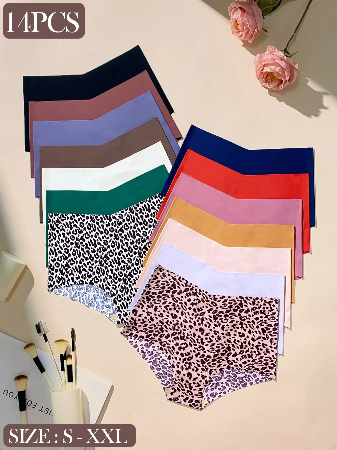 Women's Solid Color & Leopard Print Knicker, Breathable Knickers, Casual Comfy Breathable Seamless Panty Collection for Daily Wear, 14pcs/10pcs/7pcs, Underwear for All Seasons
