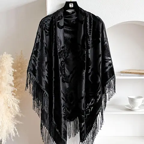 Women's Floral Print Fringe Trim Cape Shawl, Casual Elegant Open Front Shawl for Daily Wear, Fashion Accessories for Women & Girls, Clothes