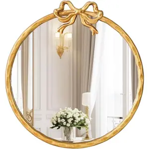 12 Inch Round Gold Mirror, Vintage Gold Mirror, Round Mirrors for Wall Decor, Antique Ornate Metal Circle Mirror with Baroque Bow for Bathroom Vanity Bedro