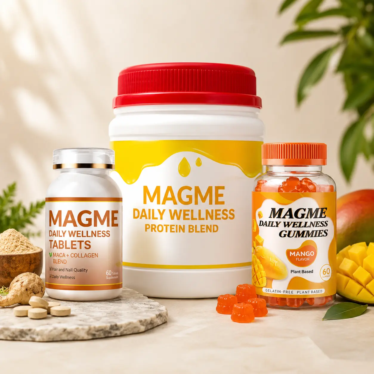 MAGME Daily Wellness Pack of 3 – Protein Blend, Maca + Collagen Tablets & Mango Gummies – Wellness Bundle