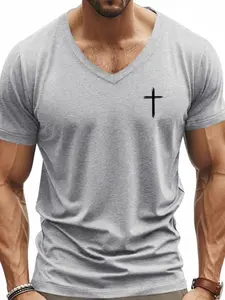 Men's Cross Print V Neck Tee, Regular Fit Casual Short Sleeve T-shirt for Summer, Men's Top for Daily Wear, Gym Tees