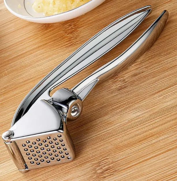 Heavy Duty Rustproof Metal Garlic Presser Curved Labor Saving Handle Effortless Minced Garlic Maker Detachable Strainer Plate Portable Handheld Cooking Prep Tool