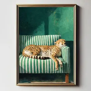 Cheetah on Green Stripe Sofa Art Print, Grandmillennial Decor, Digital Download