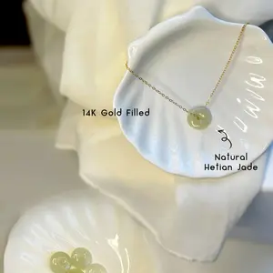 Natural Hetian Jade Necklace, Donut Nephrite Pendant with Dainty Gold Filled Chain