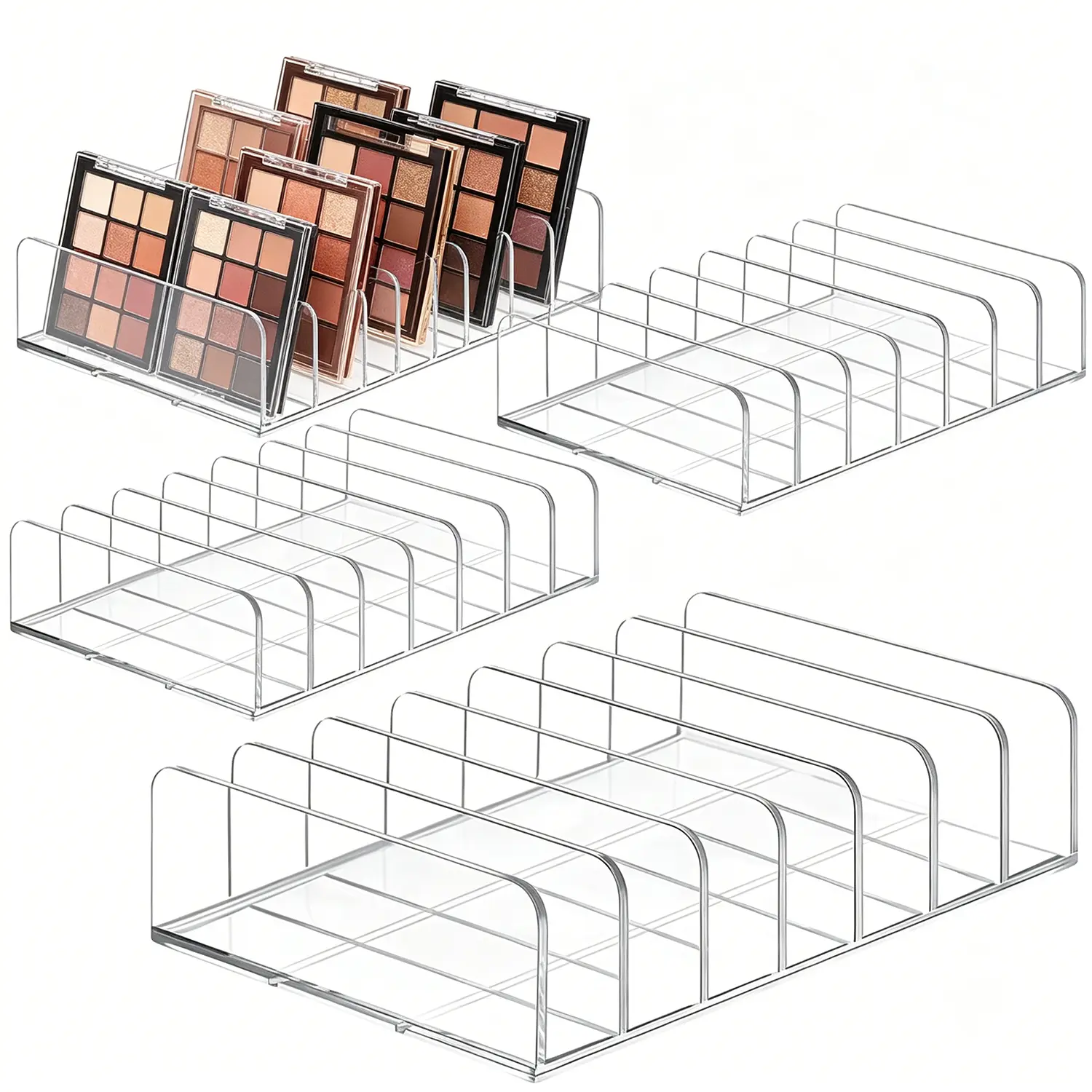 Acrylic Eyeshadow Palette Organizer 4-Pack - 7 Sections Clear Makeup Organizer, Bulk Cosmetic Storage Holder for Palettes, Blusher, Compacts, Vanity Countertop Drawer Organization