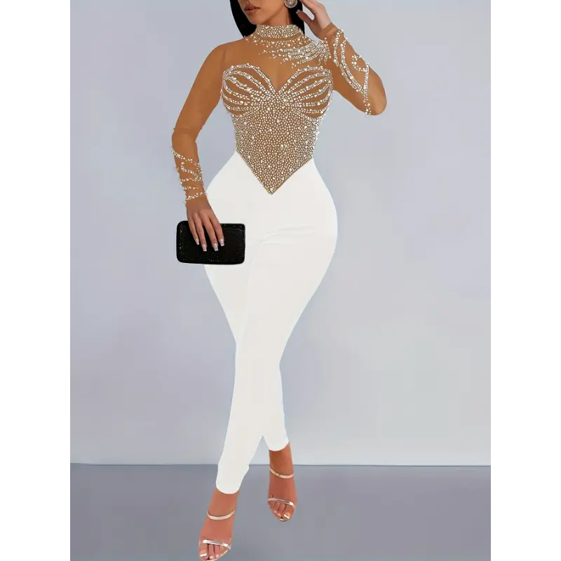 Women's Adult Sparkle Rhinestone Illusion Neck Polyester Fabric Jumpsuit - Long Sleeve, Tight, Stretchy, Chic Party Wear for Formal Events, Night Out, Fit, Longsleeves, Rhinestones