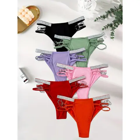 Women's 6-Piece Fantasy Cotton Hollow Heart Ring Hip Wrap Lingerie Set - Shiny Thin Straps, High-Waisted Breathable Comfy Panties, Body Slimming Fashion Breathable Underwear for Women