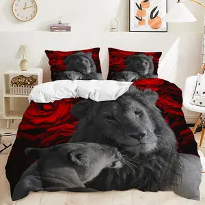 2/3Pcs Stunning Gothic Black & Red Lion Duvet Cover Set, Vivid Print with Romantic Red Roses,Luxury & Mysterious Bedroom Decor for Animal Lovers No Filler Bed Sets