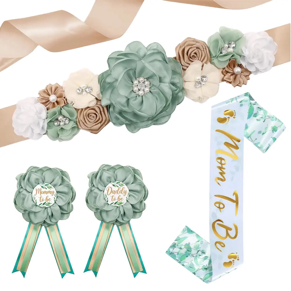 Sage Green Maternity Sash and Corsage Set Mom to Be Daddy to Be Corsage Greenery Theme Baby Shower Decorations Olive Green Belly Band Gender Reveal Party Gift Keepsake Pregnancy Photo Props