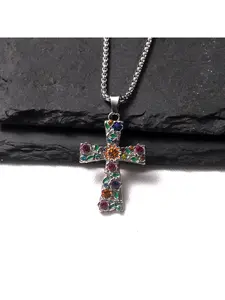 Multicolor Zircon Cross Pendant | Floral & Leaf Inlay Details | Vintage Forest-Style Daily Accessory