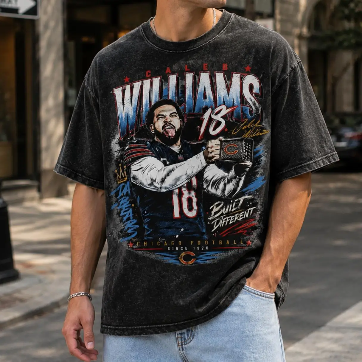 Caleb Williams Vintage Graphic Washed Shirt, Chicago 2 Sided Football Tee, Retro Game Day Shirt, Bear Fan Oversized T-Shirt, Gift for Chicago Fans, Casual Cool, For Every Occasion, Trendy Outfits, Stay Ahead of the Game