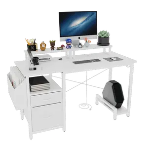 47.3"Office Desk with Power Outlet, 2 Monitor Stands, 2 Drawers, Side Pocket, Easy to Assemble, Frame Stability Reversible, use for Home Desk, Computer Desk, Game Table,White
