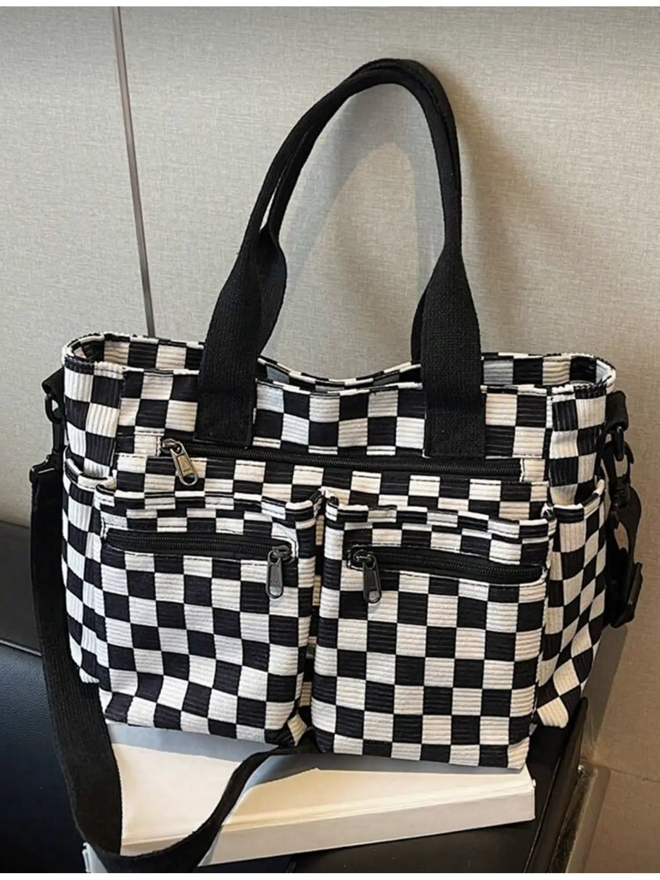 Chess Pattern Corduroy Women's Fashion Handbag Large Capacity Multi Pockets Aesthetic Tote Bag Detachable Adjustable Strap Casual Shopping Travel Work School Party Gift Checkered Pattern Bag Casual Handbags