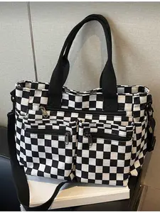 Chess Pattern Corduroy Women's Fashion Handbag Large Capacity Multi Pockets Tote Bag Detachable Adjustable Strap Casual Shopping Travel Work School Party Gift Checkered Pattern Bag