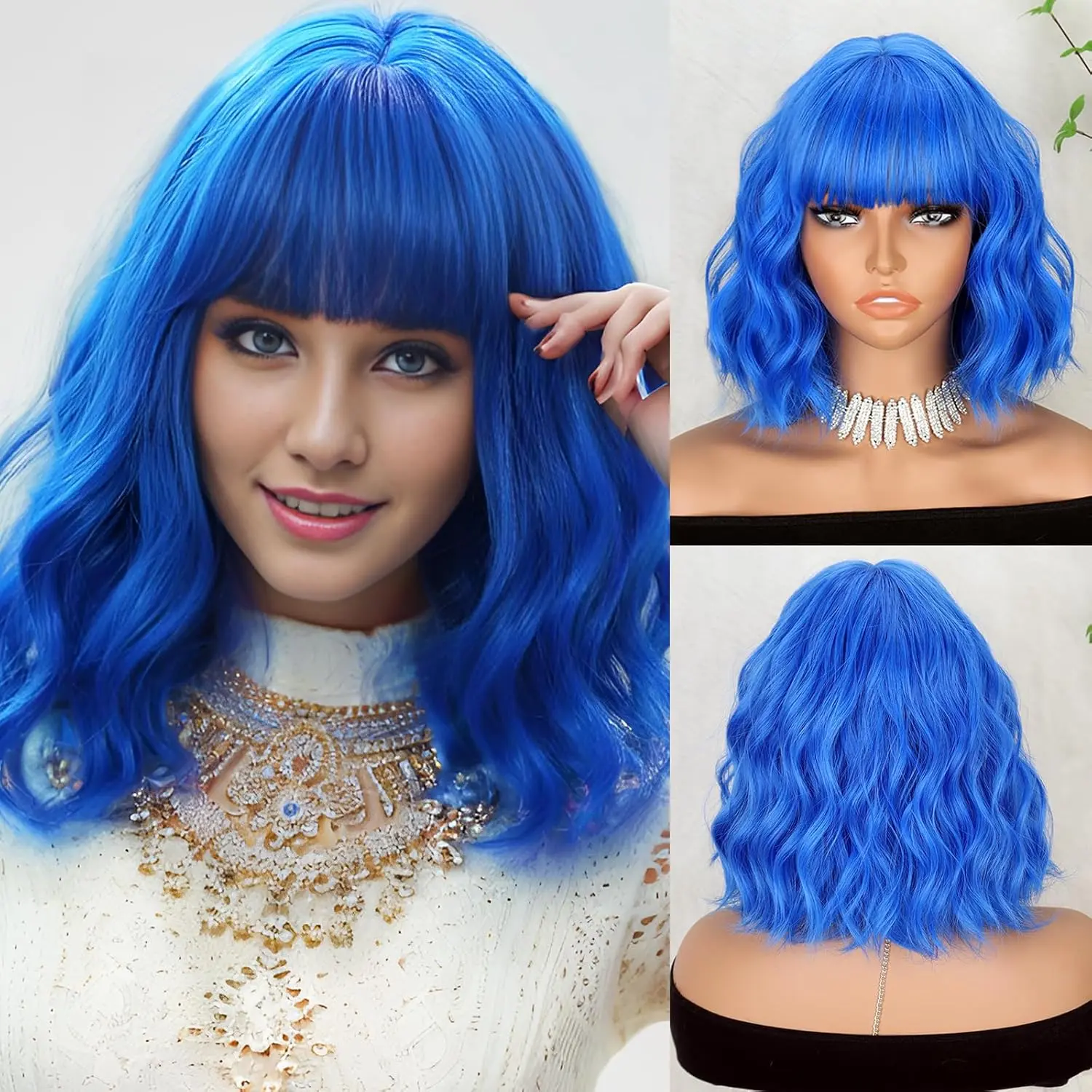 Women's Synthetic Full Machine Wig - Short Bob with Bangs, Loose Wavy Shoulder-Length, Blue Color for Cosplay Costumes
