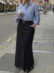 Women's High-Waisted Pocket Fish Tail Long Skirt, Womenswear Casual Fashion Slim Fit Vacation Date Dress, Autumn Winter Style