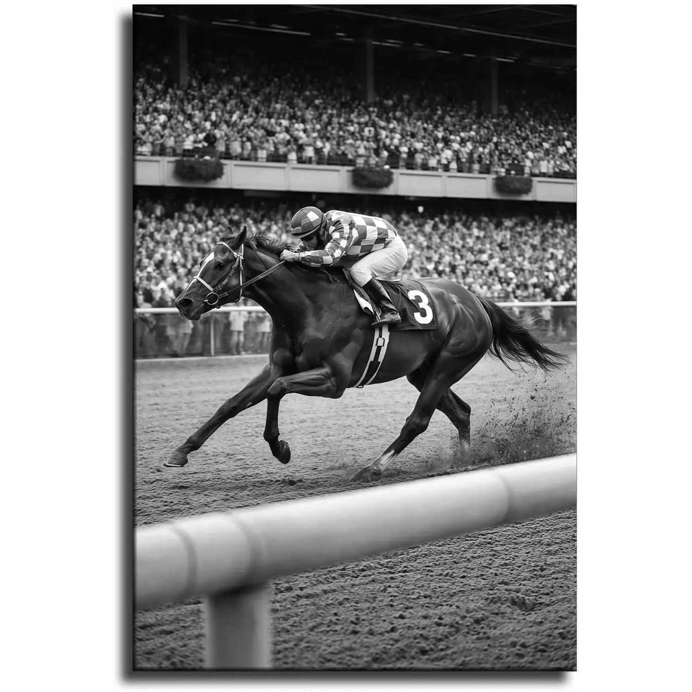 16×24 in Framed Black and White Race Horse Canvas Print Art - High-Res Sports Photography, Handmade Frame Home Decor for Office, Living Room, Indoors Wall Decoration