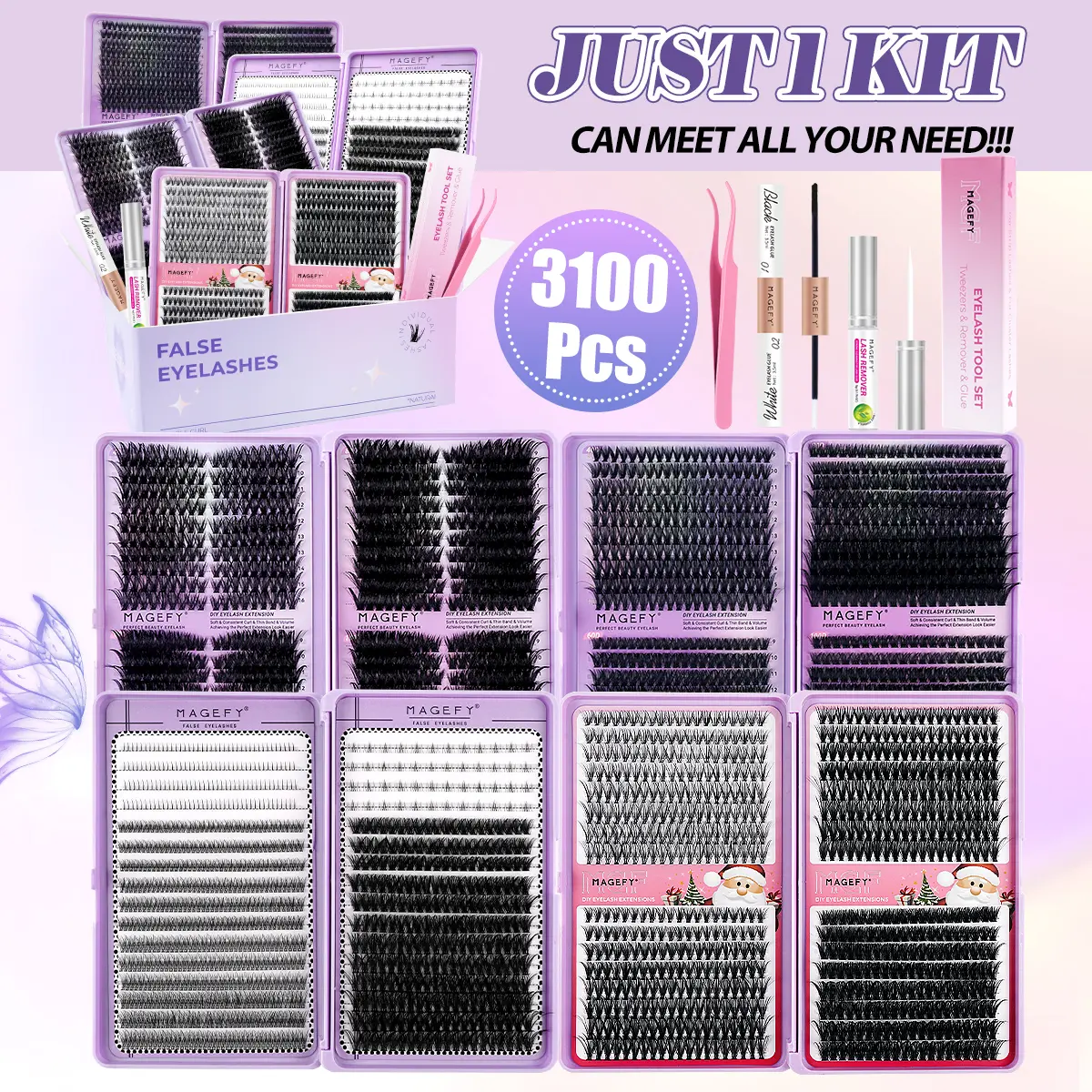 MAGEFY 3100 Clusters Lash Extensions Bond And Seal, Glue Remover, Tweezer All in One Set, Natural Fox Eye Cat Eye False Eyelashes#DealsForYouDays#SummerWins