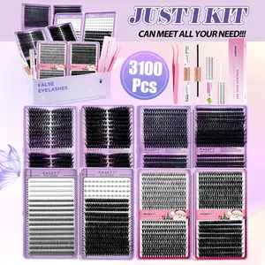 MAGEFY 3100 Clusters Lash Extensions Bond And Seal, Glue Remover, Tweezer All in One Set, Natural Fox Eye Cat Eye False Eyelashes