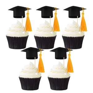 24Pcs Graduation Cap Cupcake Toppers with Gold Tassel DIY Congrats Grad Cupcake Picks for Graduation Theme Party Supplies