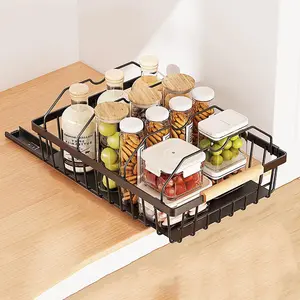 Pull Out Cabinet Organizer, No Drill Sliding Mesh Basket Drawer, Multifunctional Under Sink Shelf Storage for Kitchen Bathroom Pantry, Black Upgraded 2 Card Lines