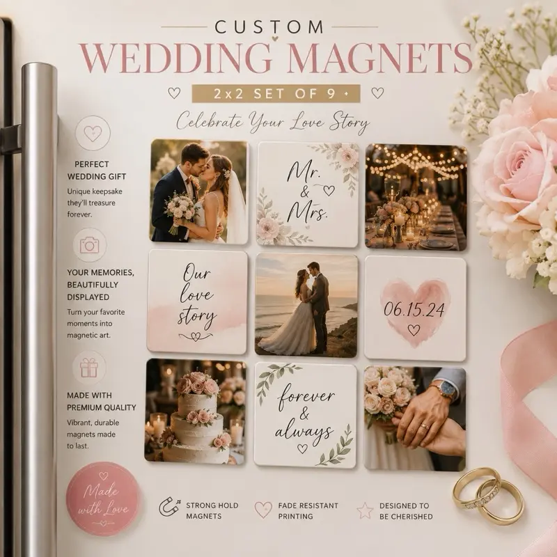 Square Custom Wedding Photo Refrigerator Magnets (2x2 in) - Set of 6 or 9 Magnets, Personalized Home Decor Gift for Weddings