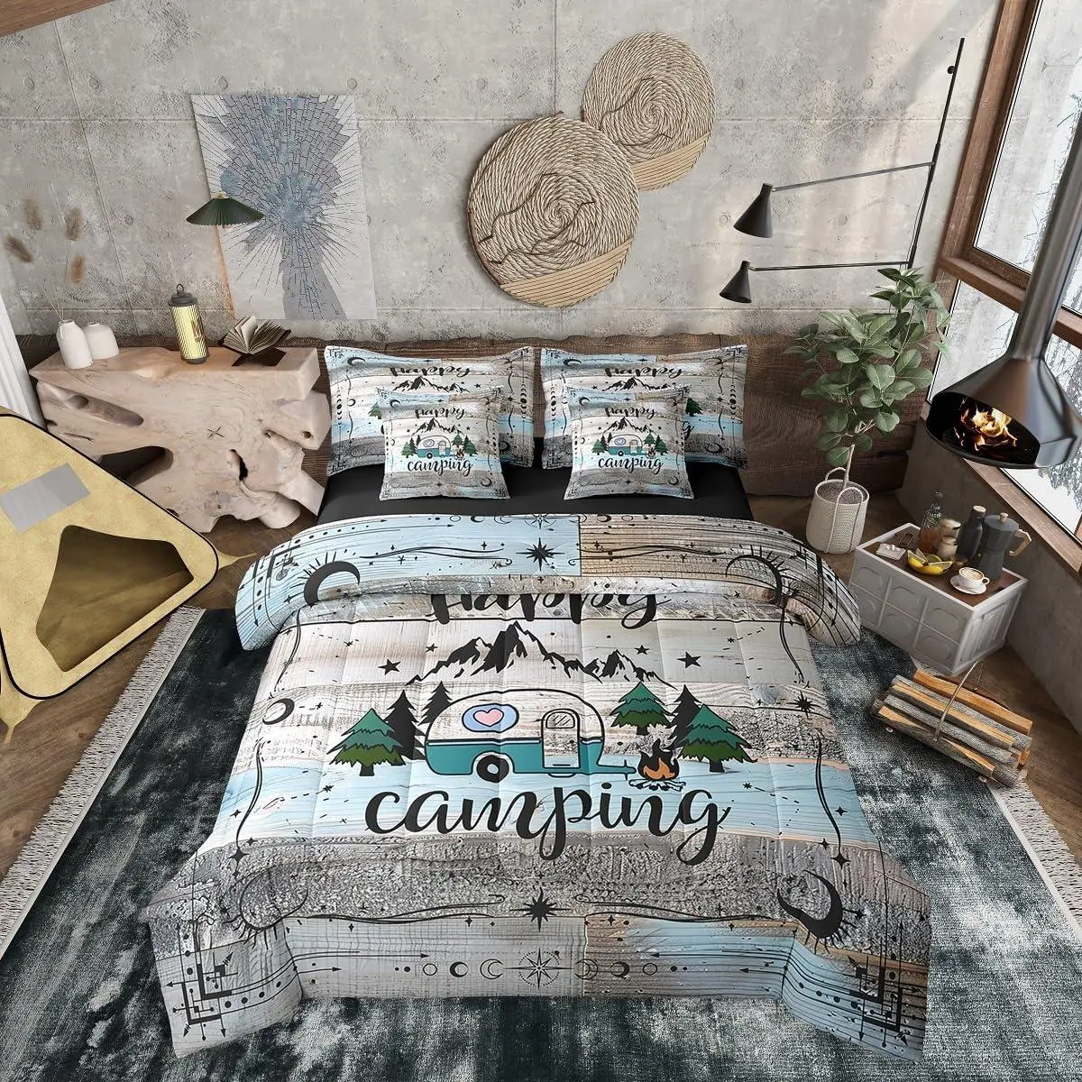 Camper Bedding Set Happy Camping Comforter Set 7 Piece Rv Bunk Accessories Bed in A Bag Travel Trailers,Boho Moon Stars Decor Camper Car,Rustic Farmhouse Adventure Bed Set