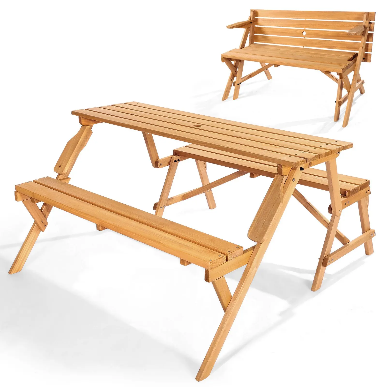 【DealsForYouDays】VEVOR 2-in-1 Transforming Interchangeable Picnic Table, Outdoor Wooden Table and Bench Set, Portable Foldable Bench with Umbrella Hole, Patio Dining Furniture for Garden, Backyard, Porch (Brown)