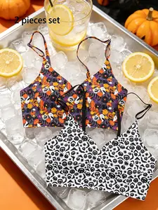 Fun 2-Pack Halloween Themed Wireless Bras, Spooky Cute Pattern Comfort Bralette Set for Spring Summer Vacation & Pool Days, Mother's Day
