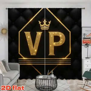 2D Flat 2Pcs Gold VP Letter Pattern Curtains, Crown Emblem Design, Black Tufted Texture, Semi Sunshade Polyester, for Living Room Bedroom Window Decor, Elegant Home Decoration, Privacy Anti-Theft Protection.