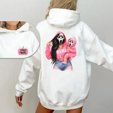 Scream Pink Spooky Mama's Boy Matching Ghost Face Cotton Hoodie - 2-Side Printed, Long Sleeve, Classic Fit, Coffee Lover Fall Top, Halloween Casual Sweatshirt Gift For Spouse, Line Dry Pullover Soft
