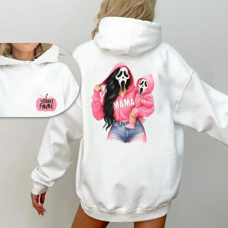 Scream Pink Spooky Mama's Boy Matching Ghost Face Cotton Hoodie - 2-Side Printed, Long Sleeve, Classic Fit, Coffee Lover Fall Top, Halloween Casual Sweatshirt Gift For Spouse, Line Dry Pullover Soft