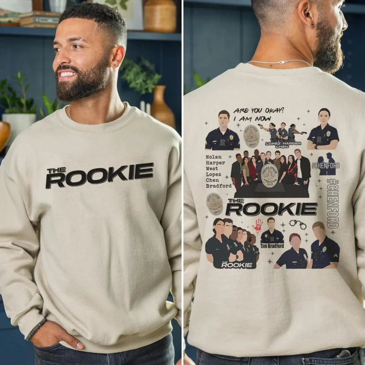 The Rookie TV Show Shirt Sweatshirt | Double-Sided Graphic Tee Featuring Chenford, Tim Bradford, and Cast, Gildan Unisex, Premium