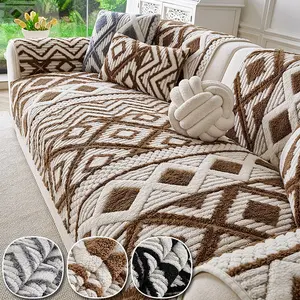 1pc Bohemian Geometric Sofa Cushion, Plush Velvet Sofa Cover, All-Season Non-Slip, Pet-Friendly Furniture Protector, Living Room Decor