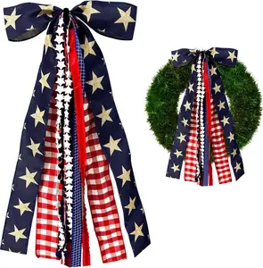 Large Red White Blue Patriotic Ribbon Bow with Star Sash, Clip On 4th of July Bow Ornament for Front Door Wreath, USA Memorial Day Indoor Outdoor Farmhouse Home Decor