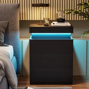 ADORNEVE Nightstand with Charging Station and LED Lights,Night Stand with Sliding Top,Bedside Table with Drawers,Modern End Side Table for Bedroom,Black