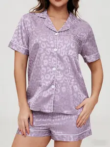 Women's Striped Satin Sleepwear Set, Loungewear, Pajama, Button, Short Sleeve Fitted Design, Sweet & Playful Style, Perfect for Home/party/casual Wear