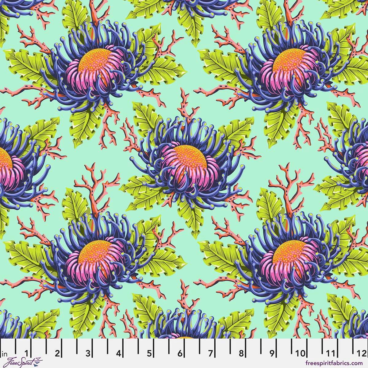 Fabric FreeSpirit Tula Pink Seafoam Friends & Anemones Floral Reef by the Quarter Yard PWTP265.SEAFOAM