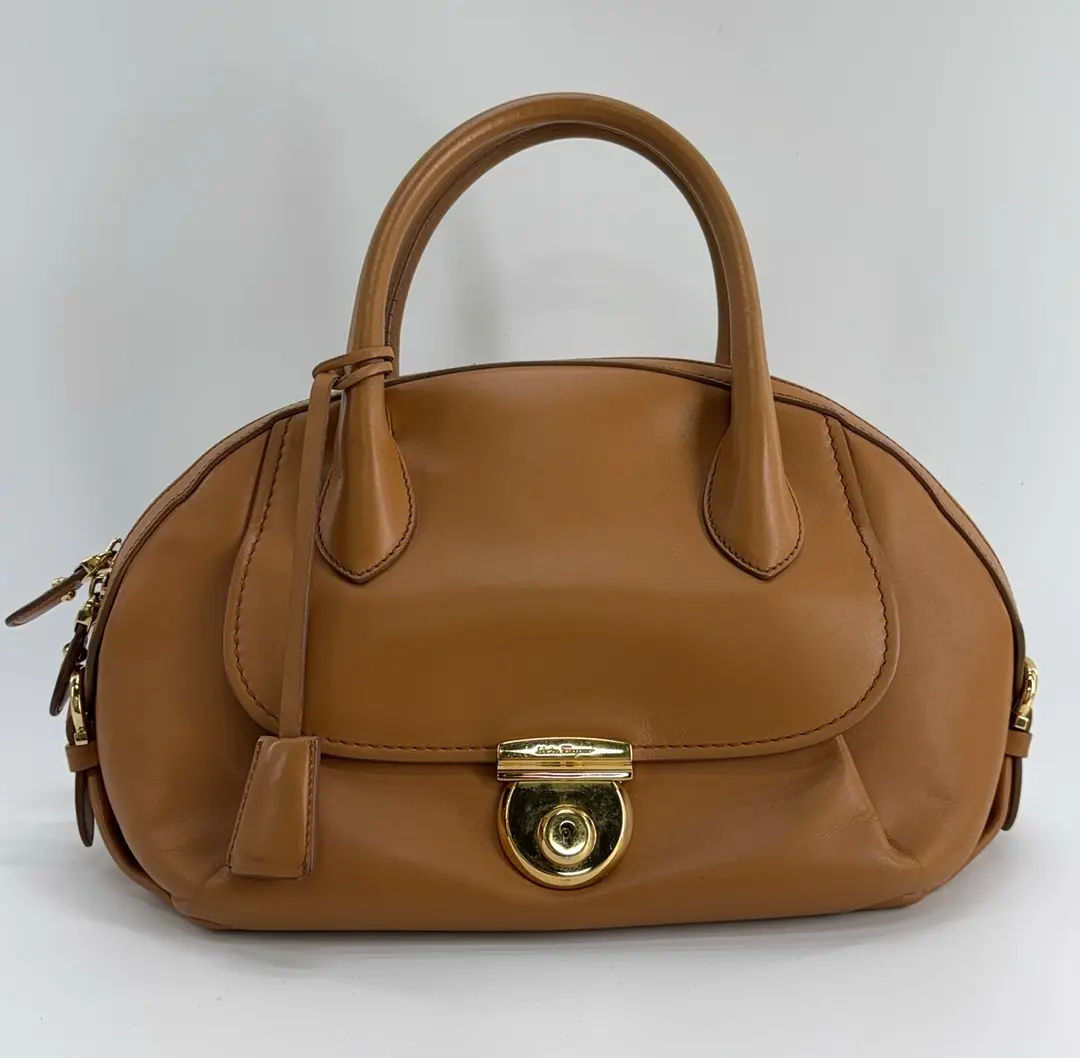 Pre-owned SALVATORE FERRAGAMO Vintage Caramel Smooth Calfskin Leather Dome Satchel Top Handle Handbag with Turn Lock Gold Hardware